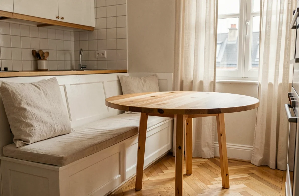 Coin repas intégré dans une cuisine blanche et bois avec table en pin, banquette encastrée et parquet en chêne en chevrons