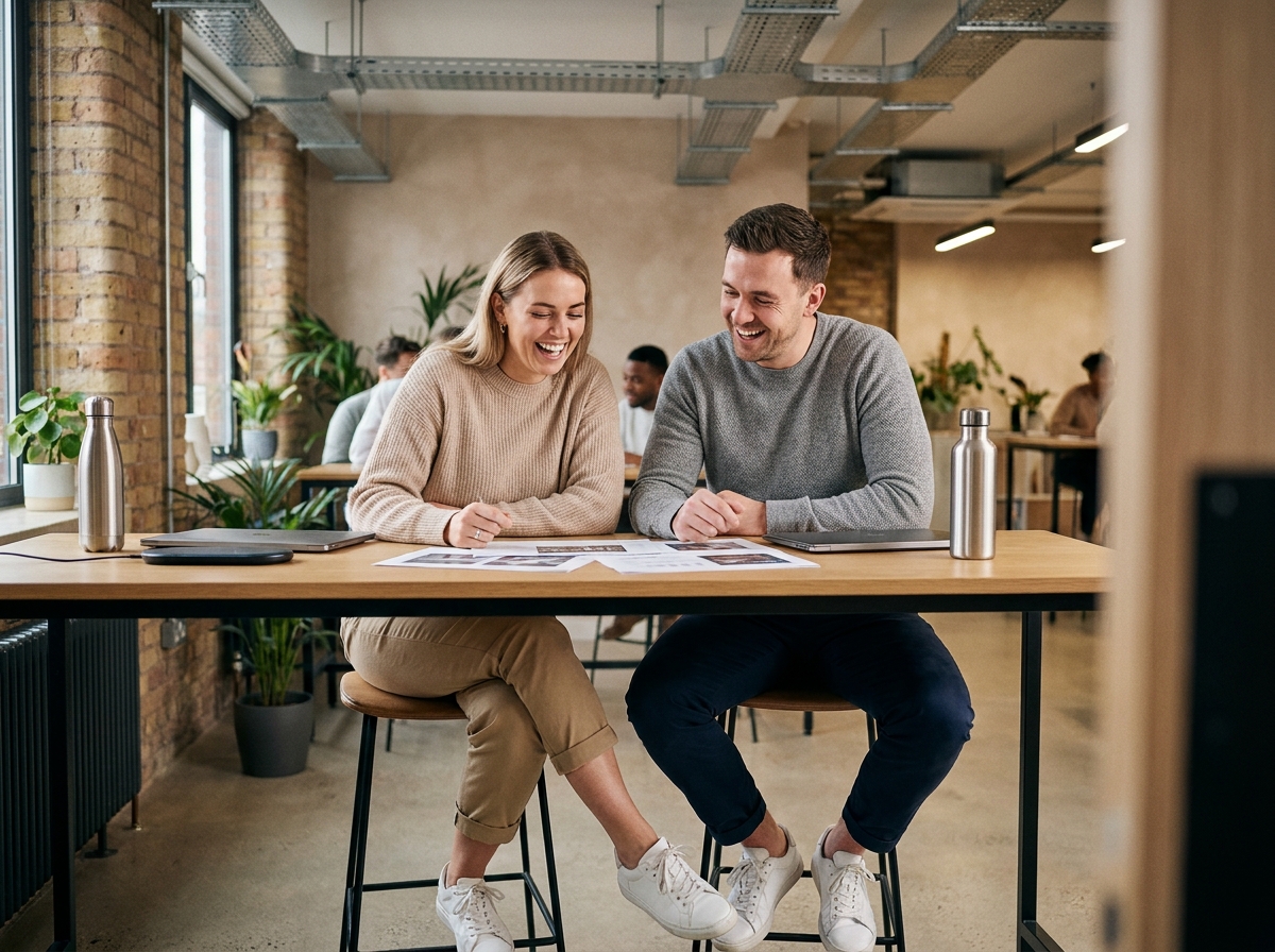 Deux collègues en tenue décontractée et confortable collaborant autour d'une table dans un espace de coworking moderne