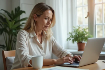 Femme commandant une table en résine sur internet depuis son bureau à domicile
