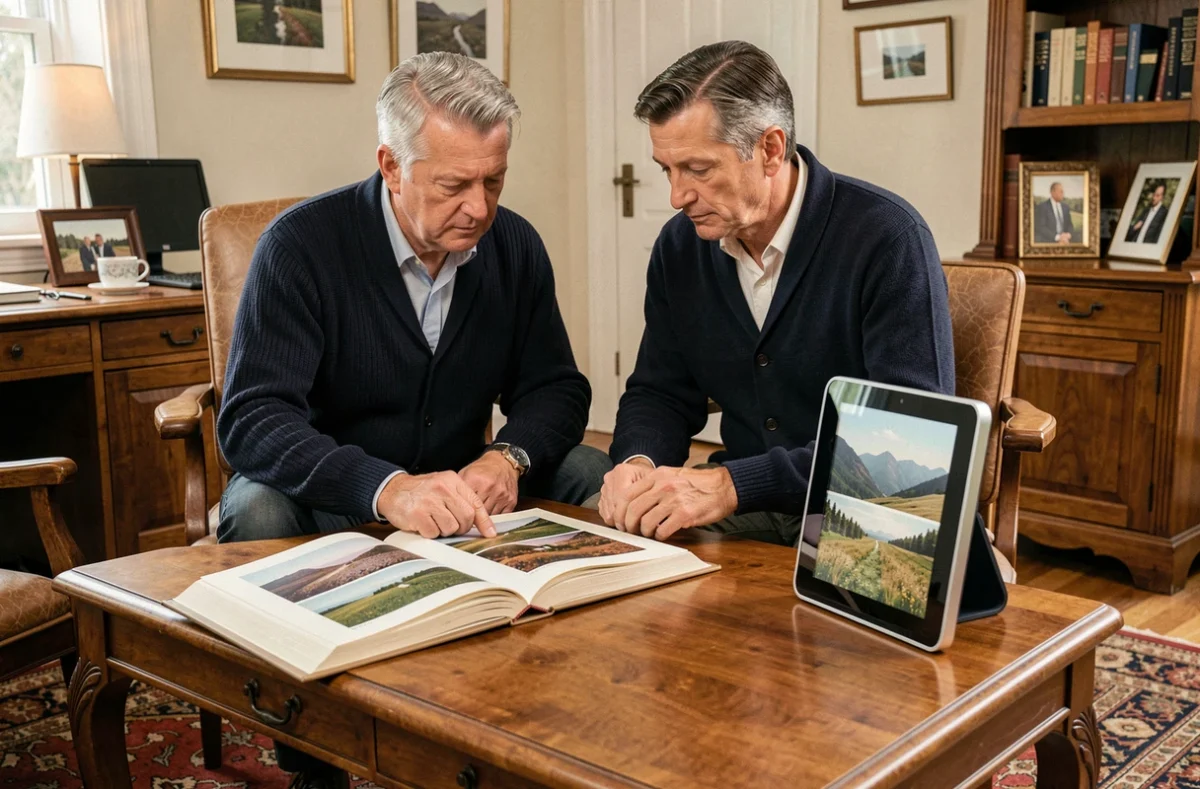 Homme comparant un album photo papier et un cadre photo numérique sur une table basse