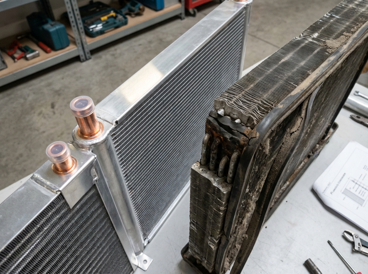 Comparaison côte à côte d'un ancien condenseur corrodé et d'un nouveau condenseur aéraulique en atelier