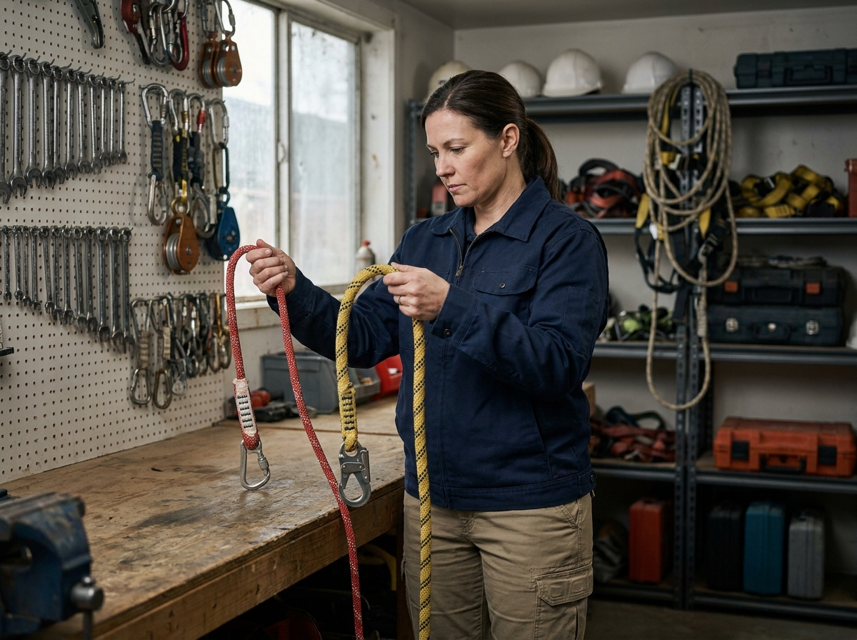 Spécialiste sécurité comparant deux cordes de sécurité pour travaux en hauteur dans une salle d'équipement de chantier
