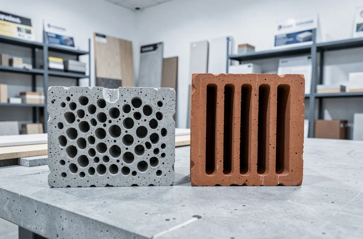 Comparaison en coupe d'un parpaing en béton cellulaire et d'une brique isolante en terre cuite dans un showroom de matériaux de construction