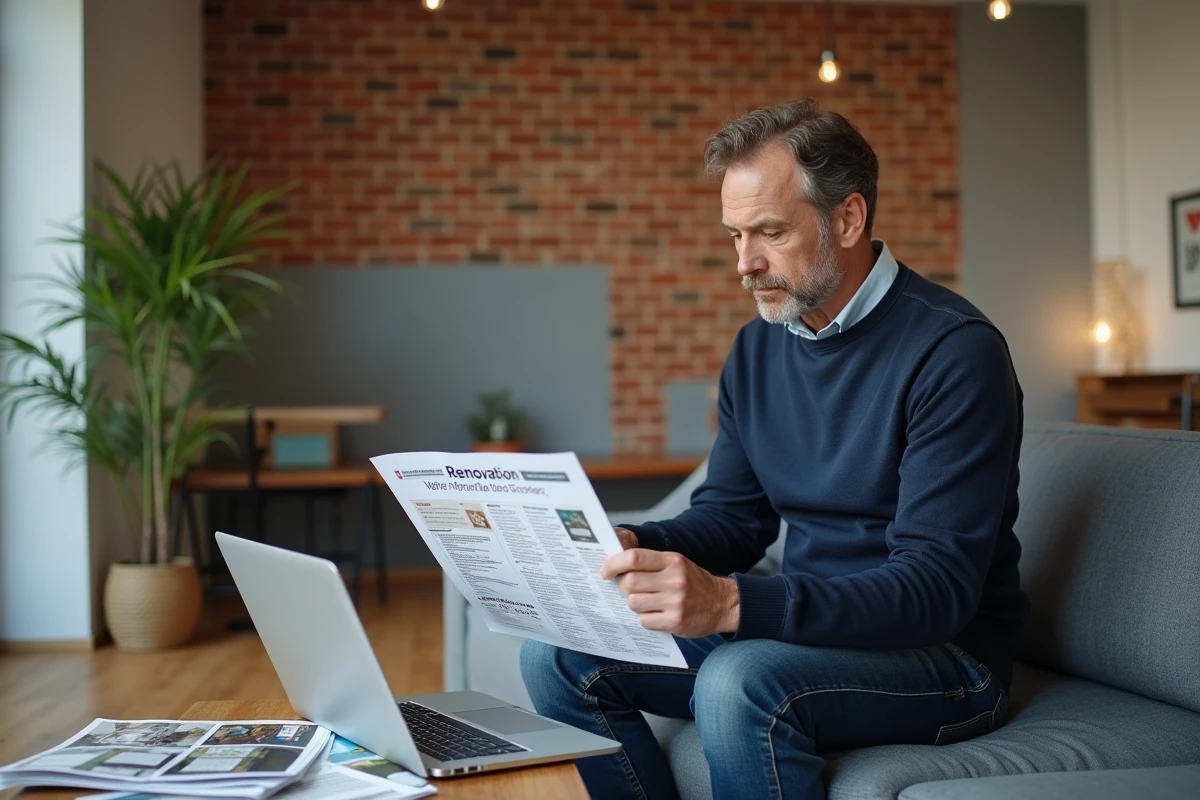 Homme dans un salon en rénovation comparant des ressources en ligne sur les sites d'informations bricolage et les blogs traditionnels