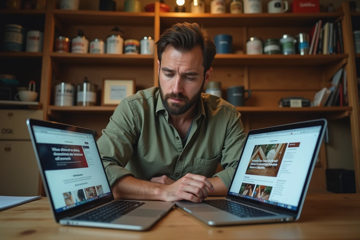 Homme comparant un site d'agrégation d'informations bricolage et un blog classique DIY sur deux ordinateurs portables dans un bureau à domicile
