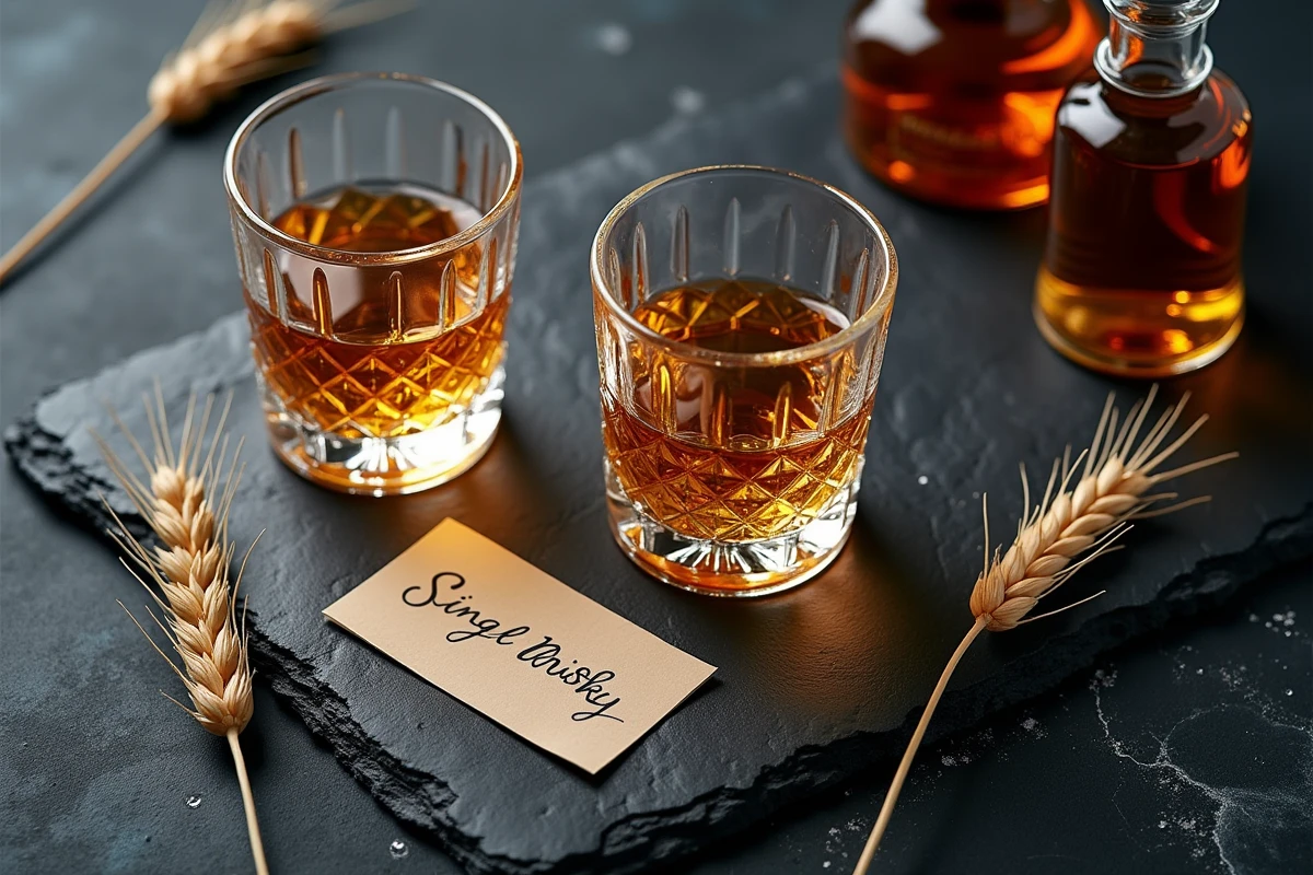 Vue du dessus de deux verres de whisky single malt et blended avec fiches de dégustation sur ardoise