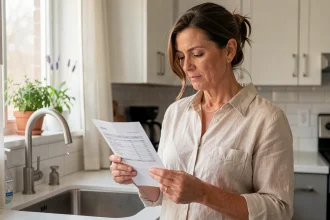 Femme examinant sa facture d'eau annuelle dans une cuisine moderne pour identifier des économies durables