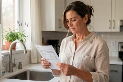 Femme examinant sa facture d'eau annuelle dans une cuisine moderne pour identifier des économies durables