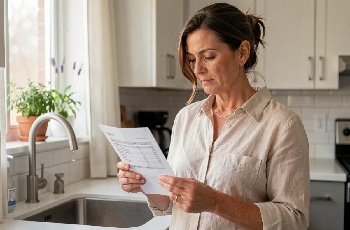 Femme examinant sa facture d'eau annuelle dans une cuisine moderne pour identifier des économies durables