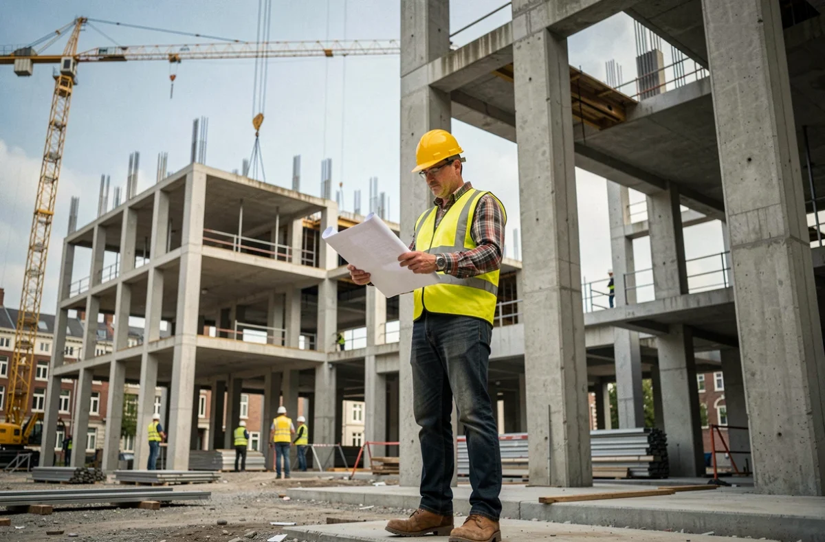 Chef de chantier Construction Générale Rennaise consultant des plans devant un immeuble en béton en cours de construction à Rennes