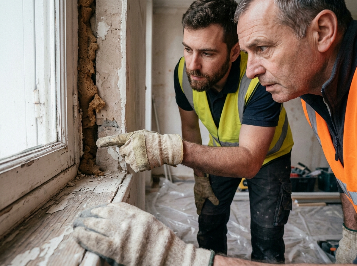 Deux ouvriers examinant les joints défectueux d'un ancien cadre de fenêtre lors d'une rénovation à Rennes