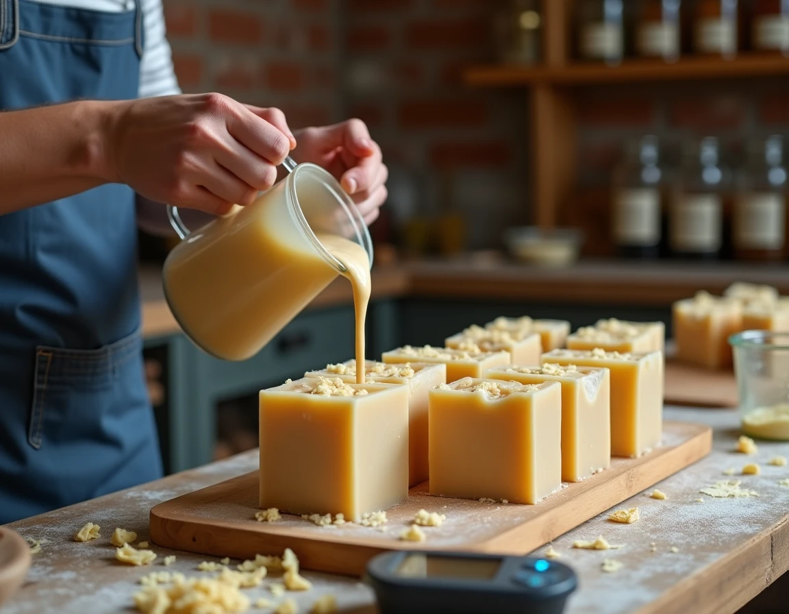 Coulage de savon artisanal liquide dans des moules en bois et silicone sur une table en bois d'atelier