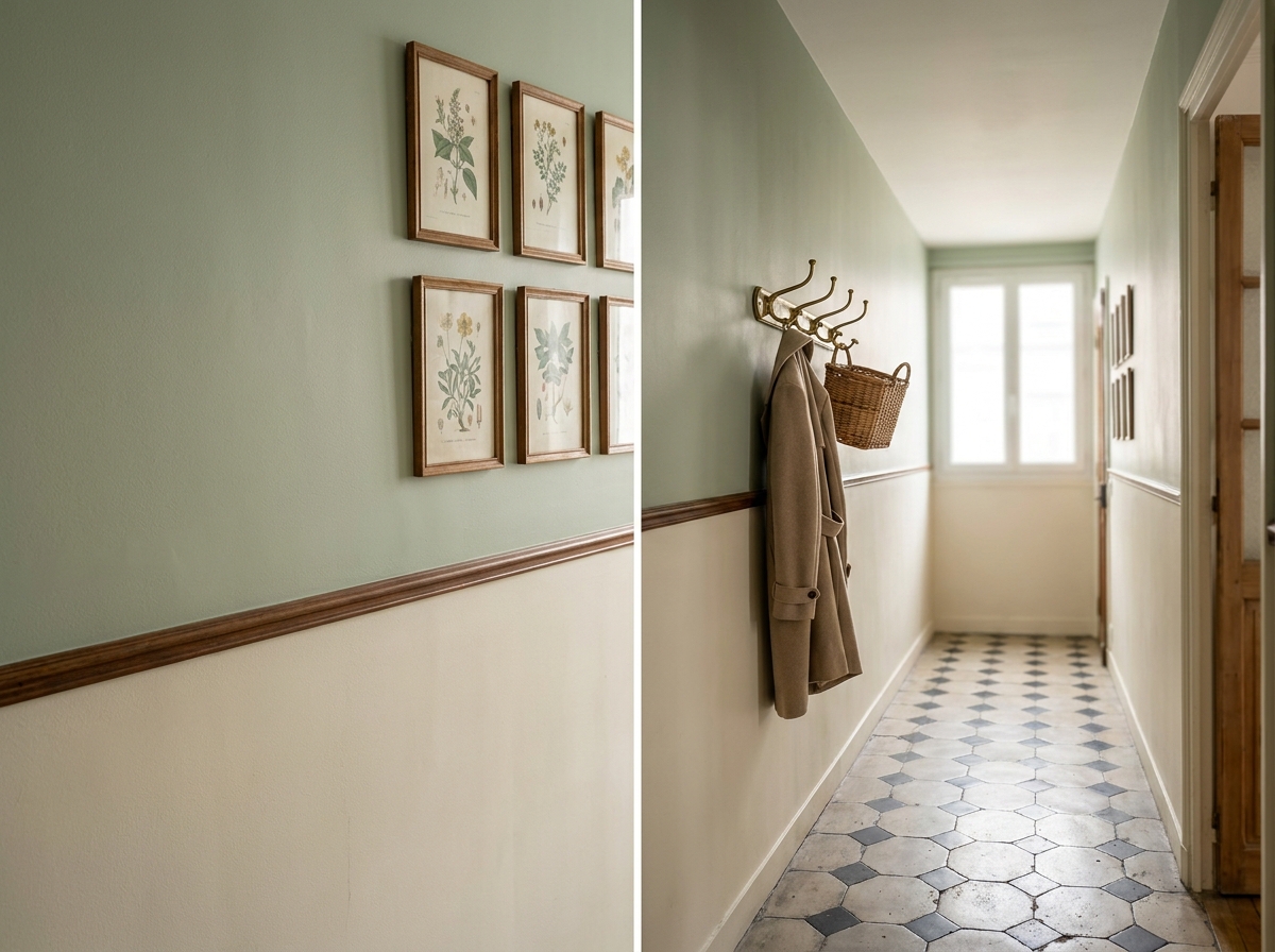 Couloir sombre d'appartement haussmannien rénové avec du color blocking vert sauge et ivoire sans travaux lourds