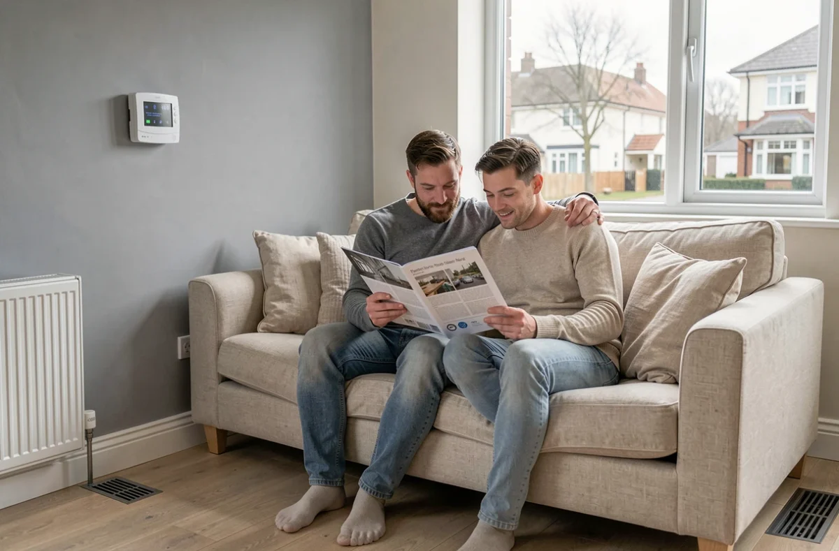 Couple comparant les systèmes de chauffage dans un salon moderne équipé d'un thermostat connecté