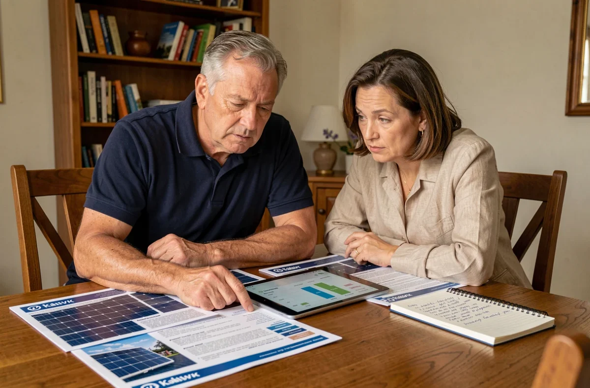 Couple comparant plusieurs publicités et offres de panneaux solaires autour d'une table avec des brochures et une tablette