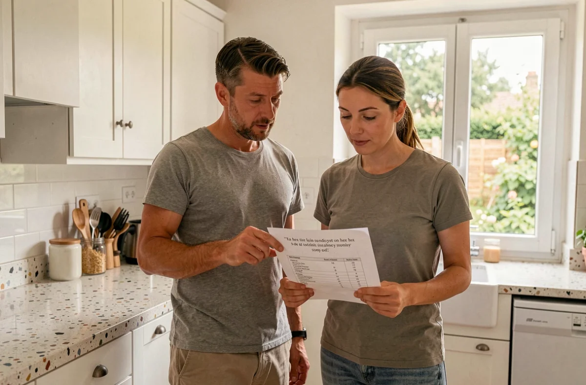 Couple français consultant un devis pour l'installation d'une pompe à chaleur dans leur cuisine