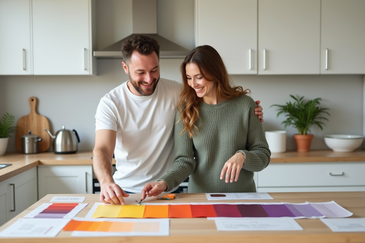 Jeune couple examinant des &eacute;chantillons de peinture dans la cuisine
