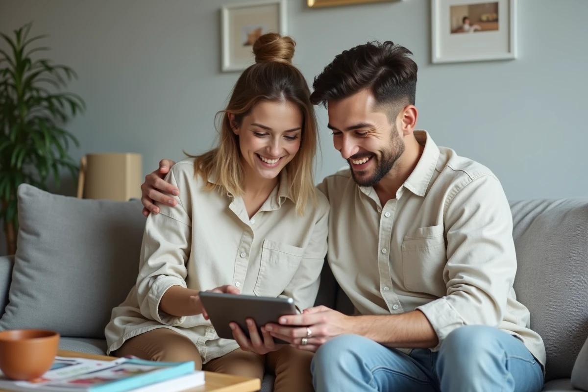 Couple consultant un outil de gestion de budget maison sur tablette dans un salon moderne et épuré
