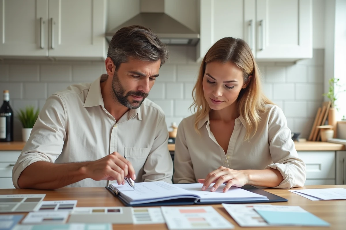 Couple consultant leur dossier de suivi budgétaire rénovation à la table de leur cuisine avec des échantillons de matériaux