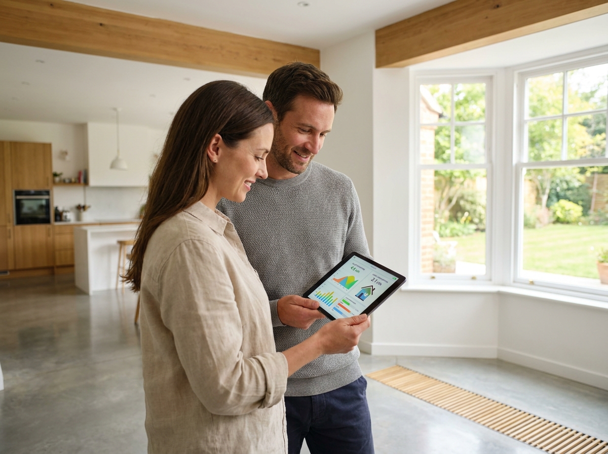 Couple dans une maison neuve consultant un tableau de bord de gestion des énergies renouvelables sur tablette