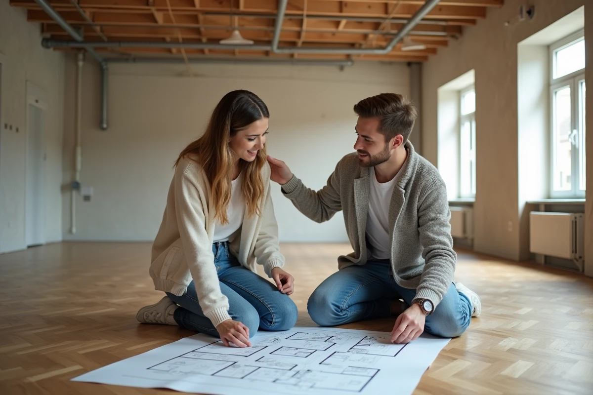 Couple planifiant l'aménagement d'un appartement vide avec un plan architectural