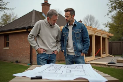 Couple en extérieur examinant plans de construction devant leur maison