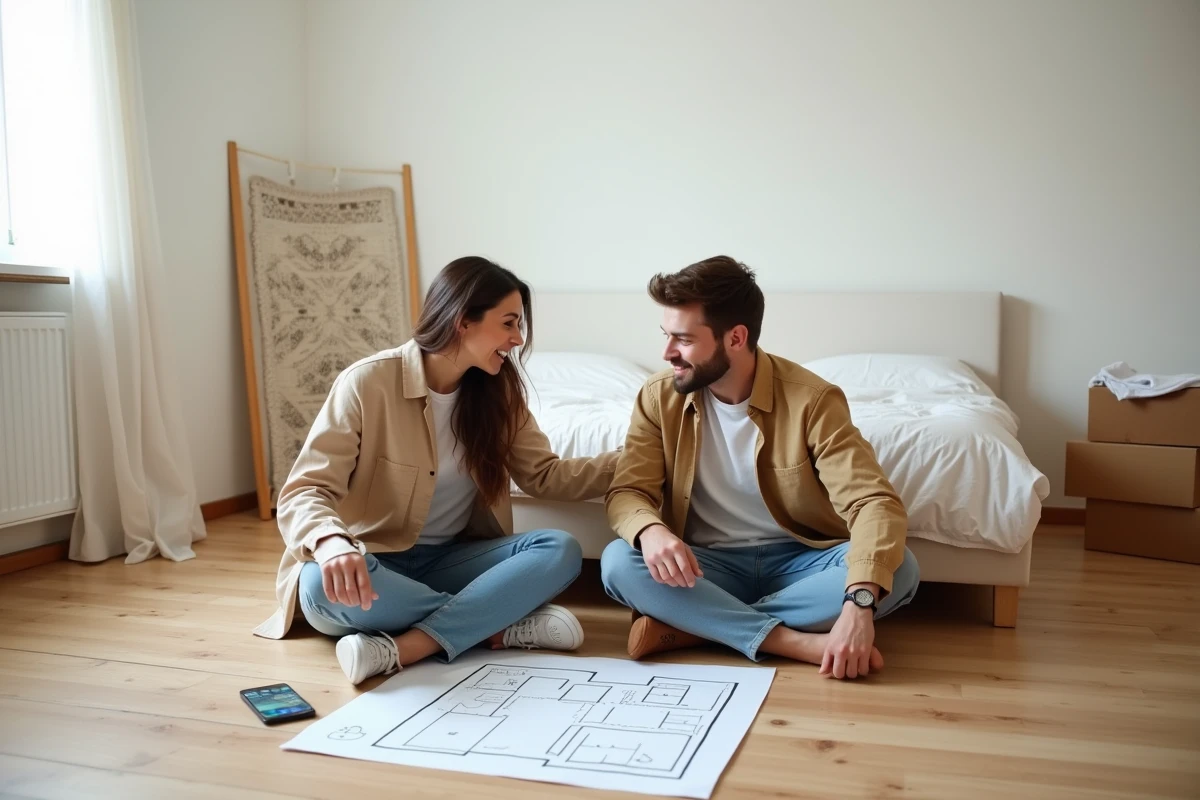 Couple planifiant le réaménagement d'une chambre avec une application mobile entouré de croquis et de meubles déplacés