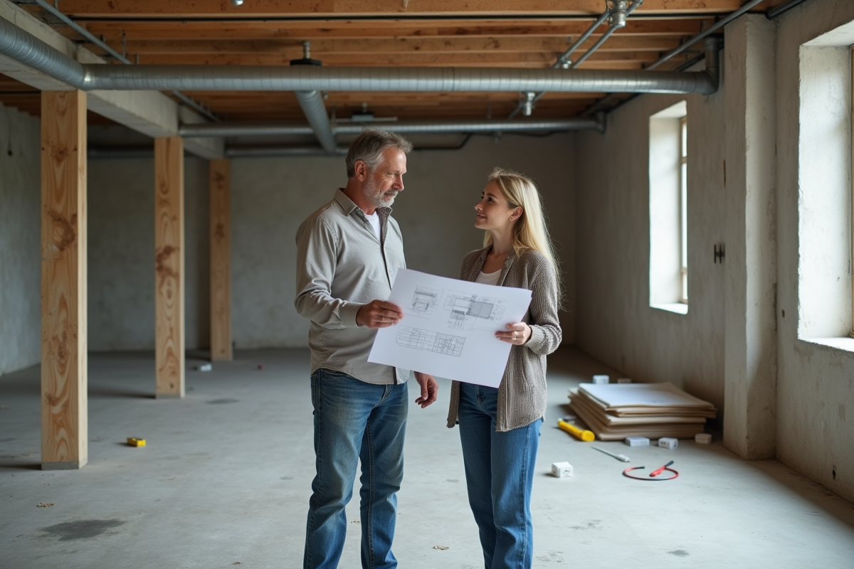 Couple en train de revoir des plans dans un sous-sol en rénovation