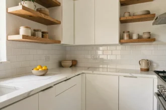 Cuisine blanche et bois avec étagères en chêne, plan de travail en quartz et crédence en carrelage métro blanc
