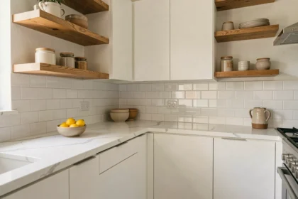 Cuisine blanche et bois avec étagères en chêne, plan de travail en quartz et crédence en carrelage métro blanc