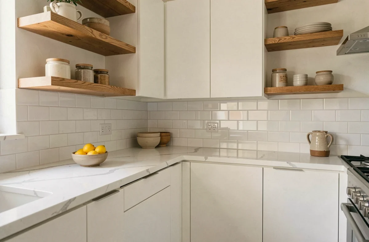 Cuisine blanche et bois avec étagères en chêne, plan de travail en quartz et crédence en carrelage métro blanc