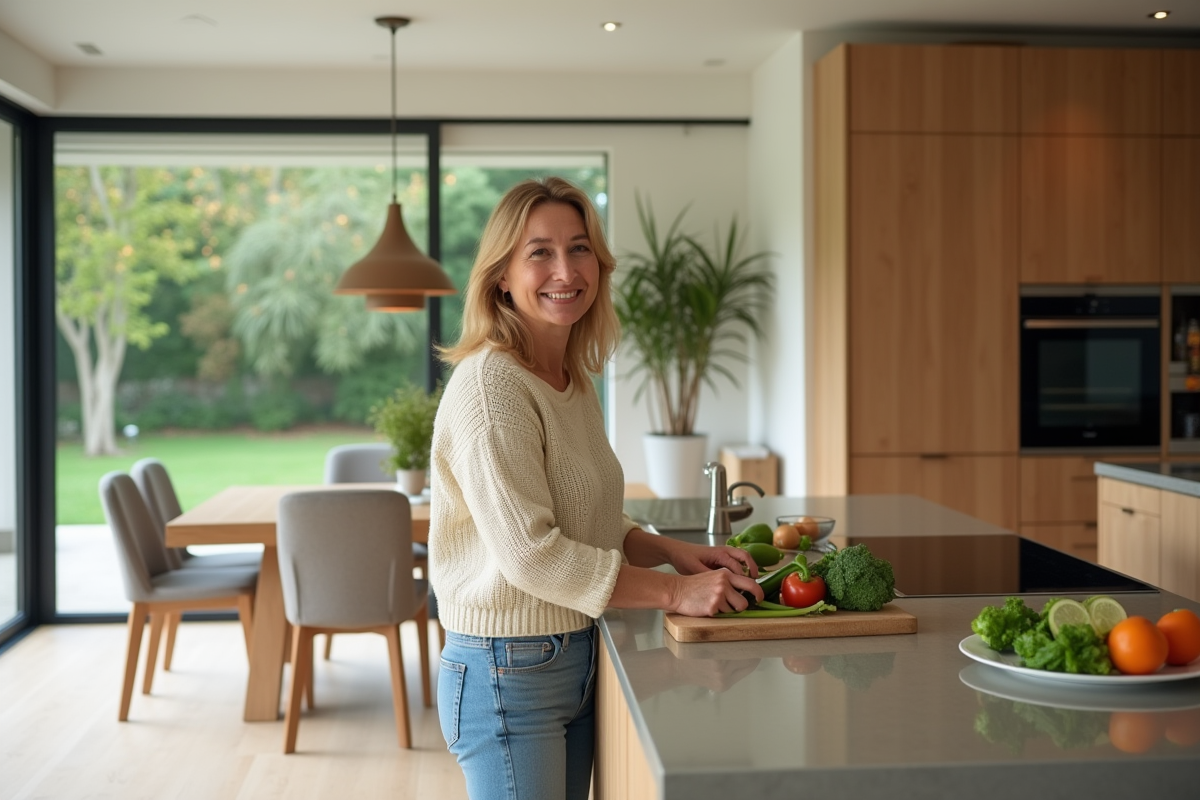 Femme souriante préparant des légumes dans une cuisine moderne