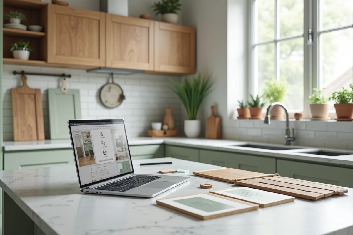 Cuisine moderne en cours de rénovation avec échantillons de matériaux et application de planification sur ordinateur portable