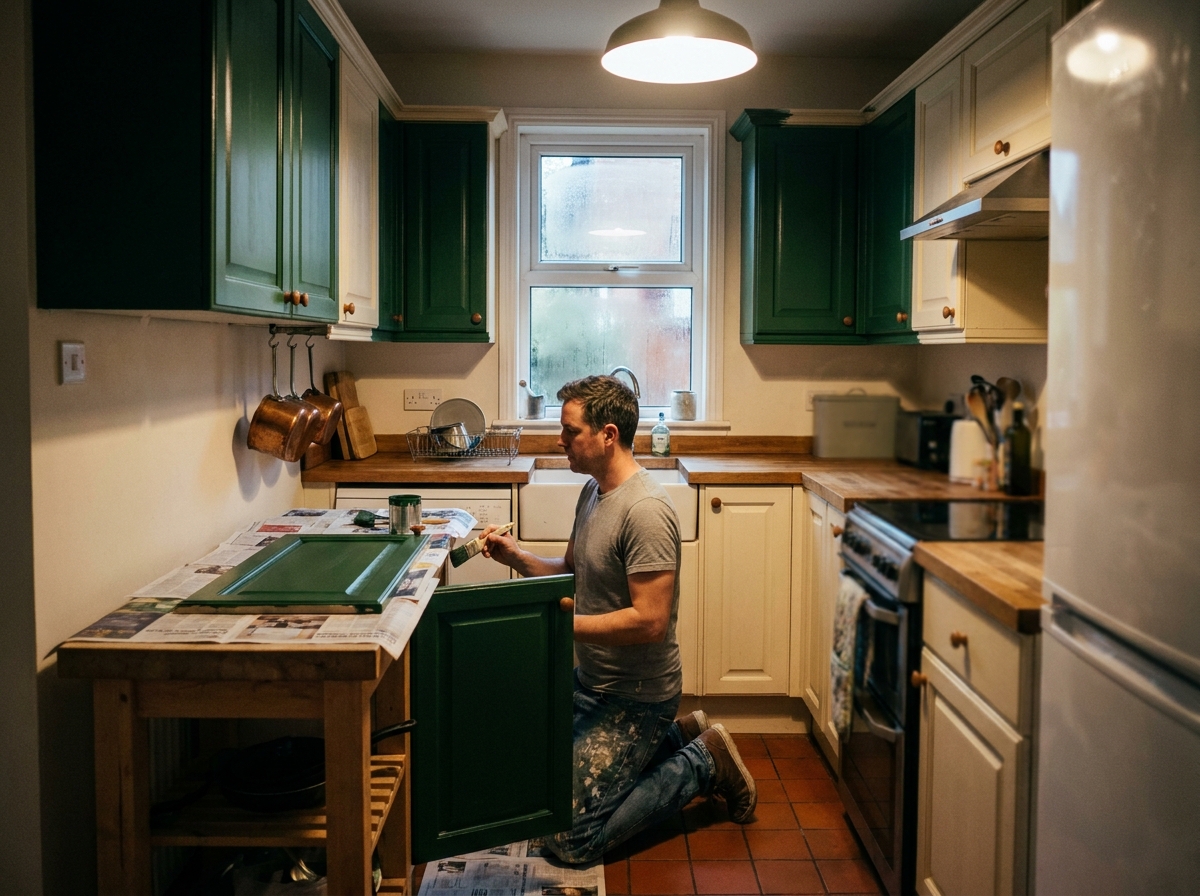 Homme repeignant des façades de cuisine en vert forêt pour rénover une pièce sombre sans gros travaux grâce à la couleur