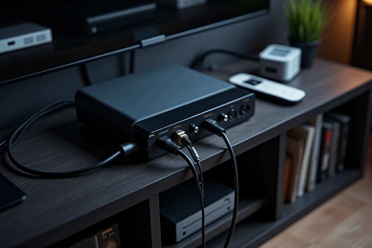 Vue rapprochée d'un décodeur TV unique relié à deux câbles HDMI via un splitter sur un meuble multimédia