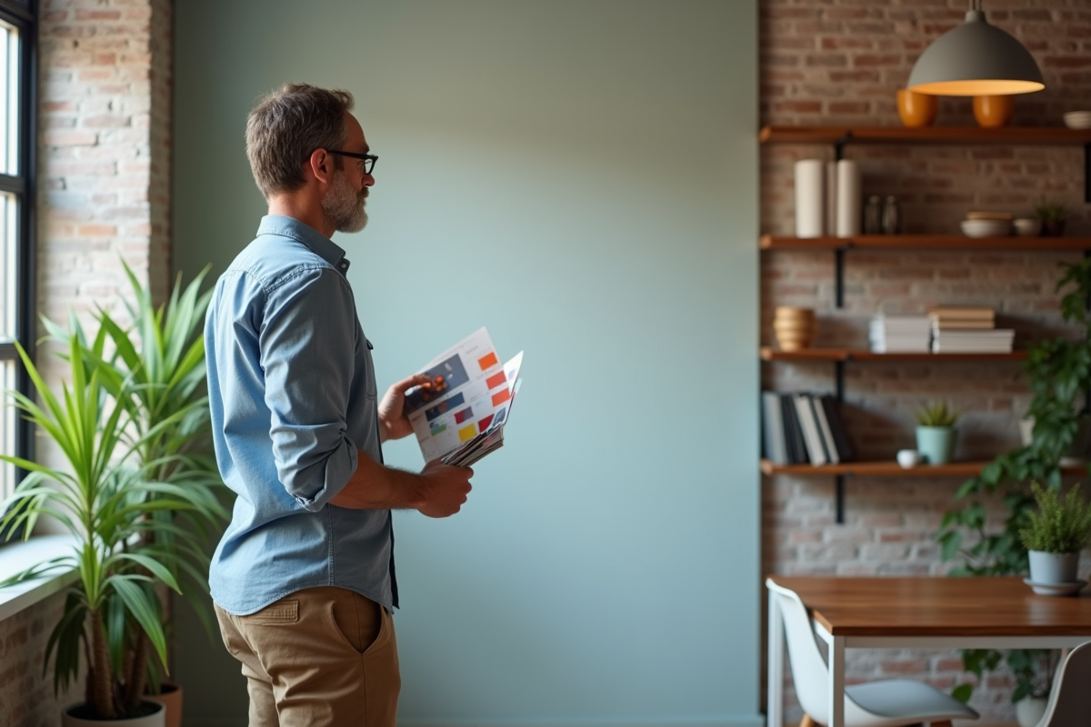 Decorateur int&eacute;rieur analysant un mur peint avec des &eacute;chantillons