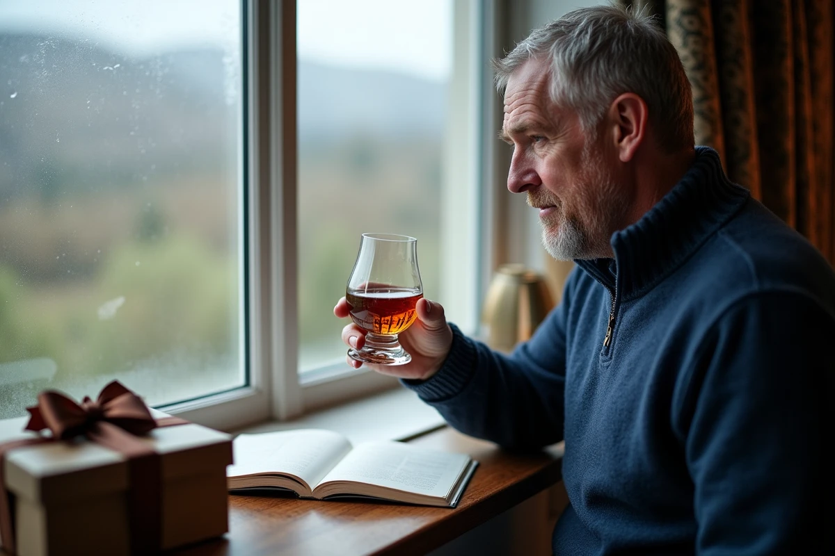 Homme dégustant un verre de whisky single malt devant une fenêtre avec coffret cadeau posé sur le rebord