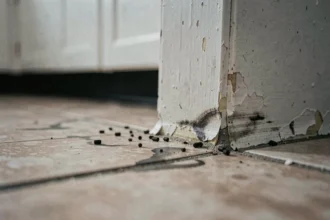 Traces de déjections de cafard noir sur le sol carrelé d'une cuisine le long de la plinthe