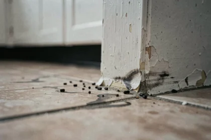 Traces de déjections de cafard noir sur le sol carrelé d'une cuisine le long de la plinthe