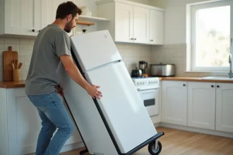 Homme déplaçant un réfrigérateur blanc dans une cuisine avec un diable de déménagement sur parquet clair