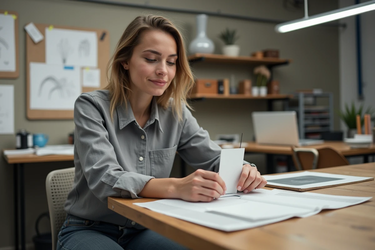 Jeune designer industriel examinant un &eacute;chantillon en aluminium