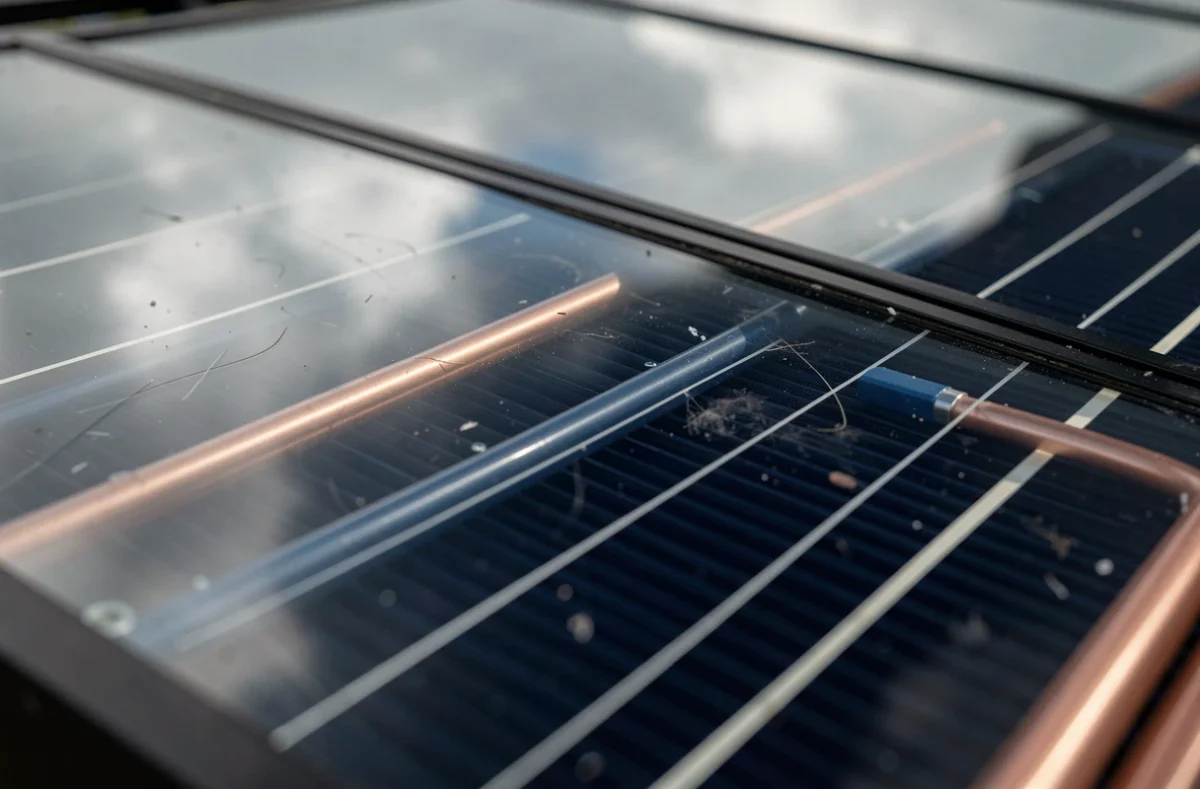 Détail gros plan du capteur solaire thermique d'un chauffe-eau solaire individuel