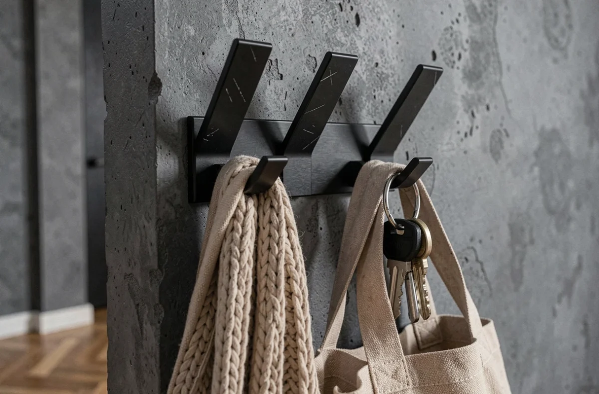 Détail des crochets d'un porte manteaux en métal noir avec écharpe et sac accrochés dans un couloir en parquet point de Hongrie