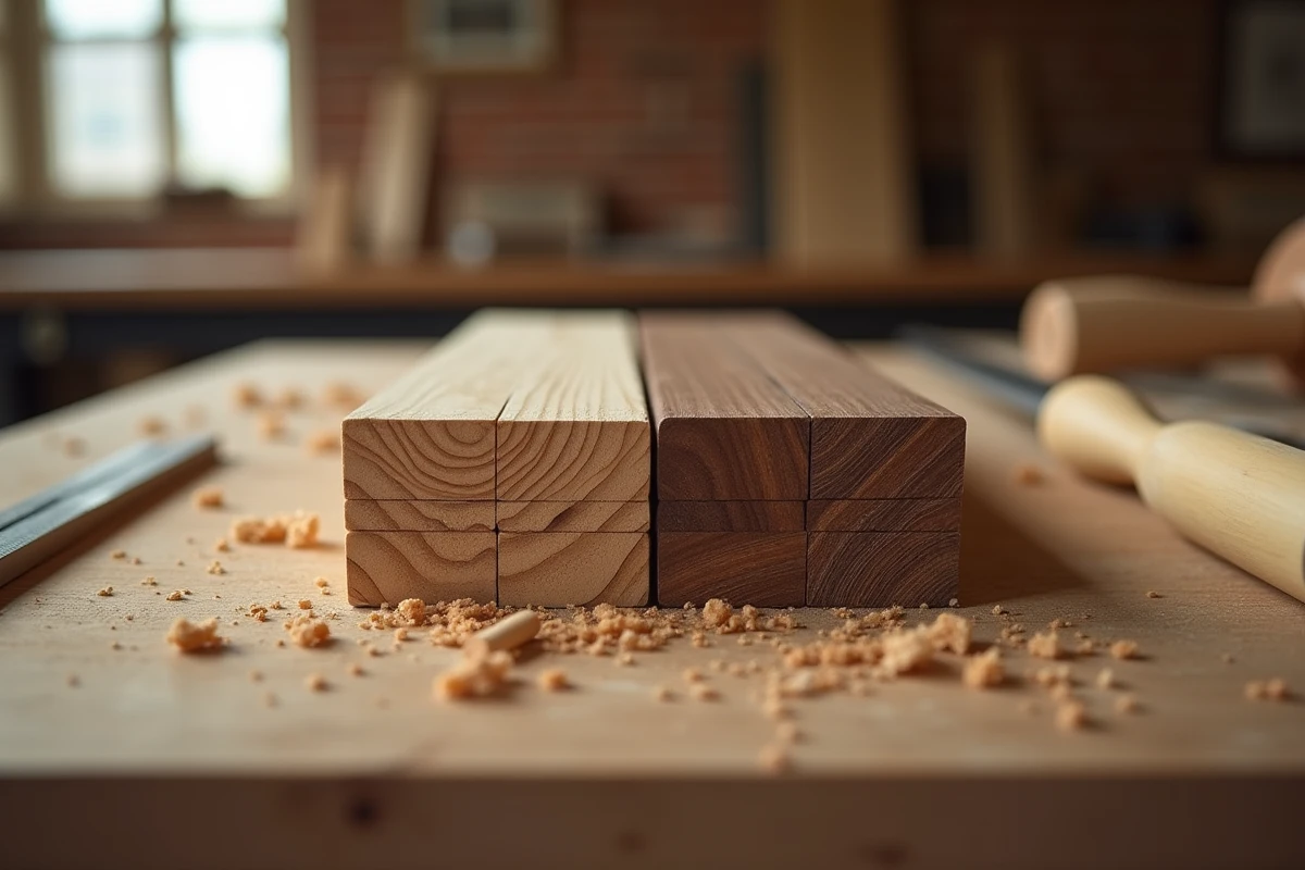 Gros plan comparatif d'un tenon mortaise taillé en frêne et en noyer posés sur un établi de menuiserie
