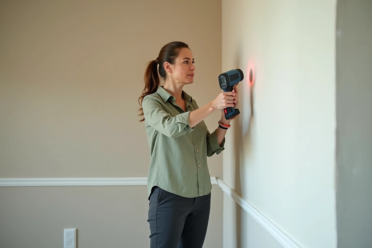 Consultante en rénovation utilisant une caméra thermique pour détecter les ponts thermiques sur une cloison en placo isolé