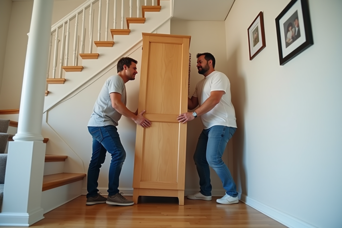 Deux hommes en jeans déplacent une grande armoire dans un intérieur moderne