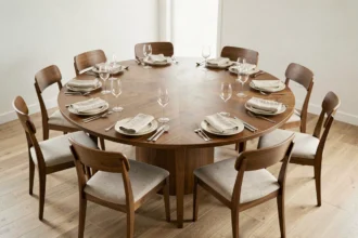 Grande table ronde de 180 cm de diamètre dressée pour 10 personnes avec couverts et verres en salle à manger contemporaine