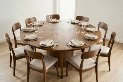 Grande table ronde de 180 cm de diamètre dressée pour 10 personnes avec couverts et verres en salle à manger contemporaine