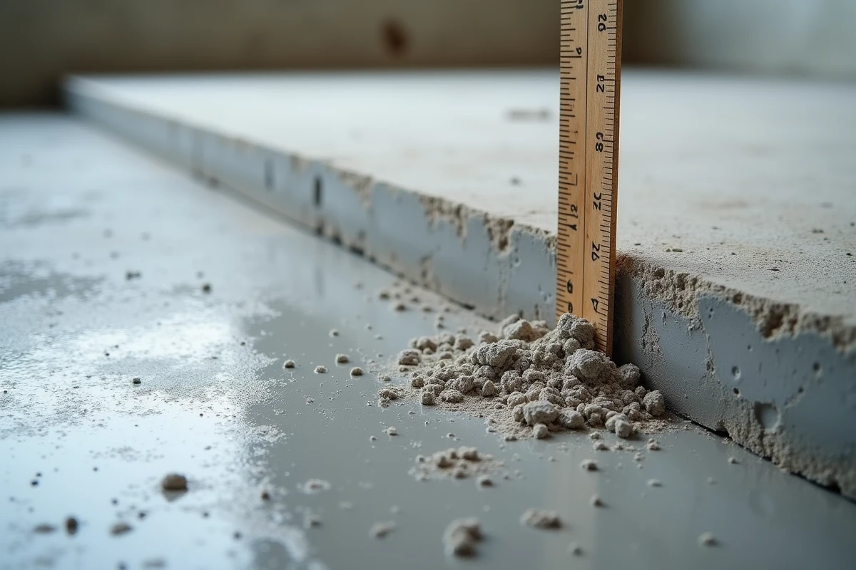 Gros plan sur une différence de niveau importante dans un plancher béton en cours de ragréage