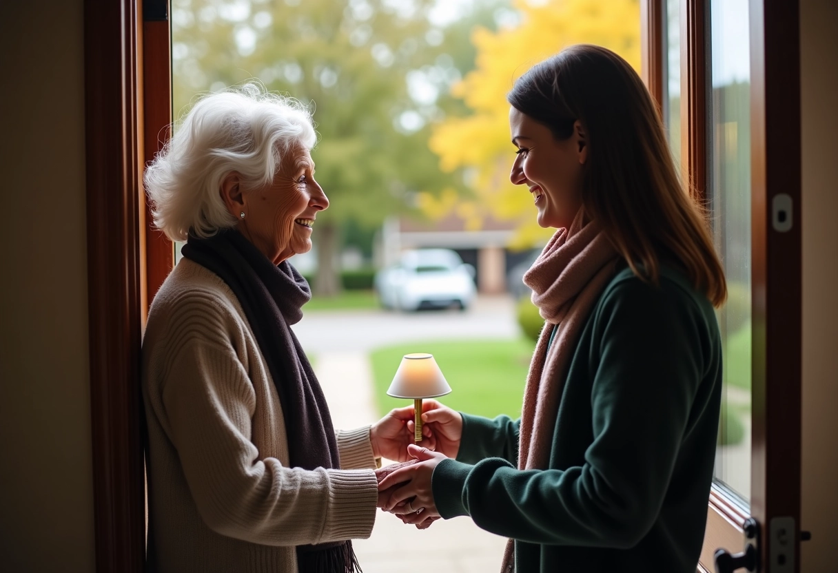 Femme &acirc;g&eacute;e offrant une lampe &agrave; un b&eacute;n&eacute;vole devant une maison
